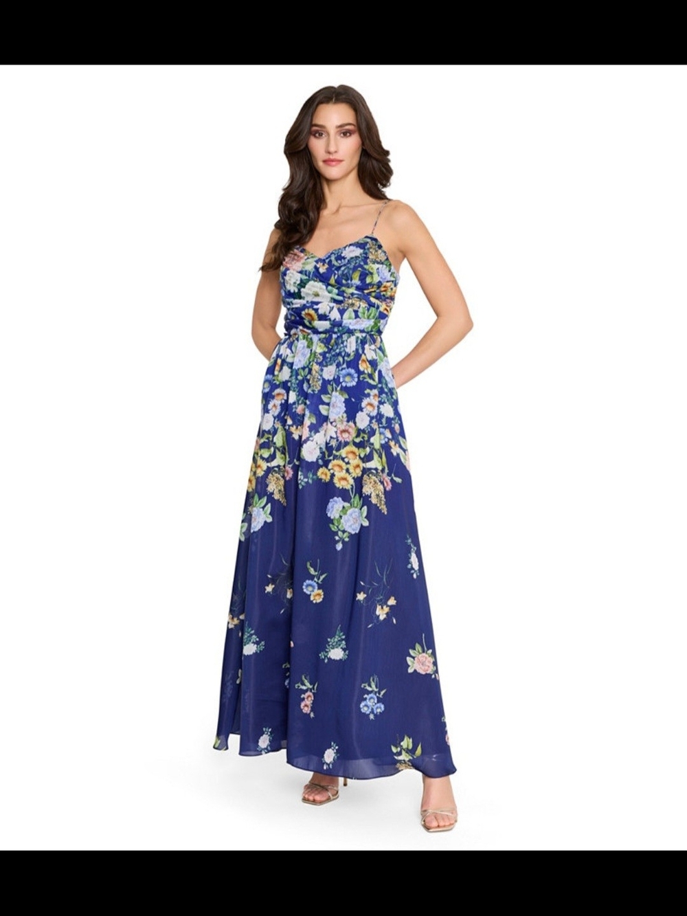Tahari ASL Navy Floral Spaghetti-Strap Maxi Dress
